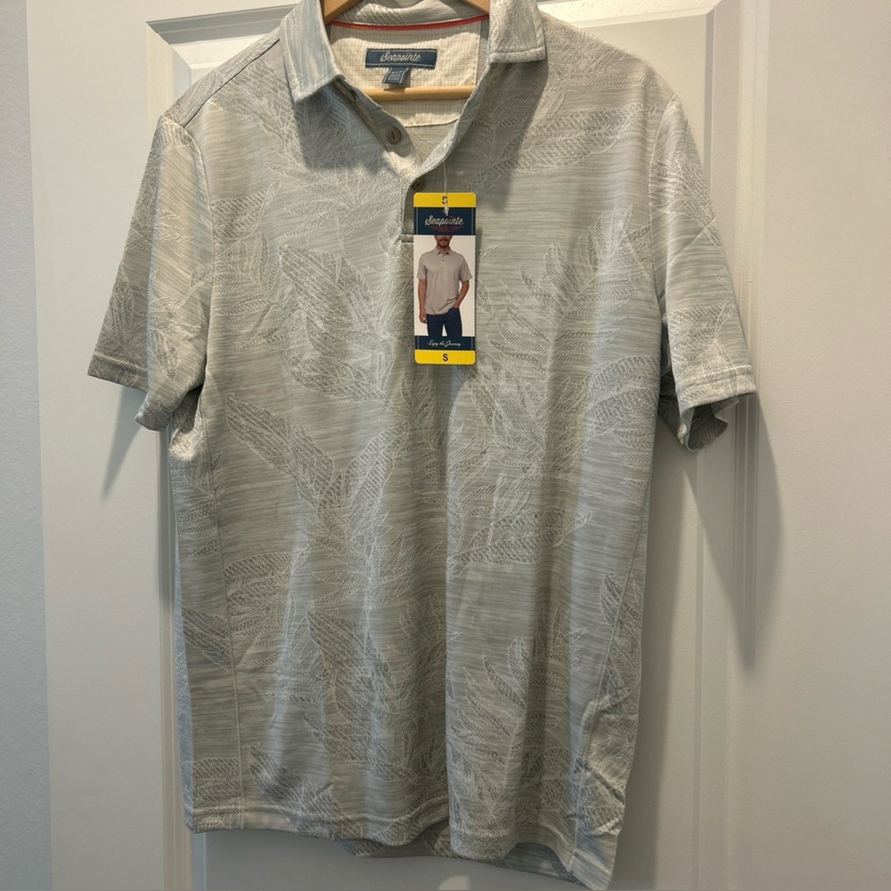 Seapointe Gray Short-Sleeve Polo Shirt with a Subtle Palm Print Small NWT